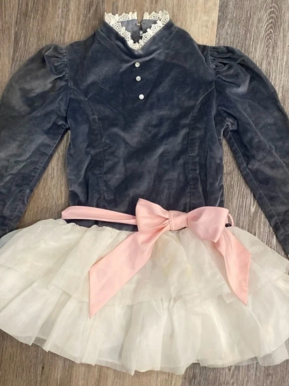 Vintage Christian Dior Girls Gray Blue Velvet Tulle Dress Pink Bow 6X
